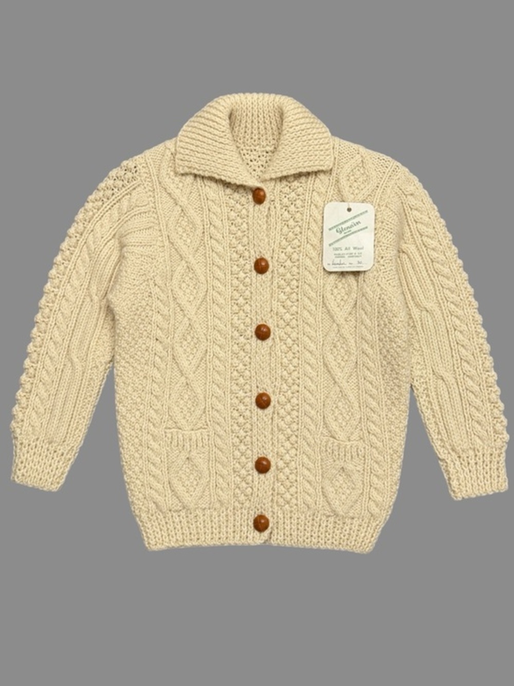 vtg Glenairn Aran Knit Cream Wool Cardigan Ireland Fisherman Girls Large